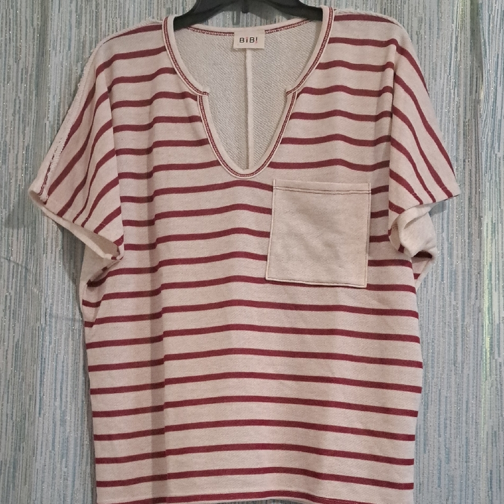 BiBi Short Sleeve Striped Tee - Red and Cream